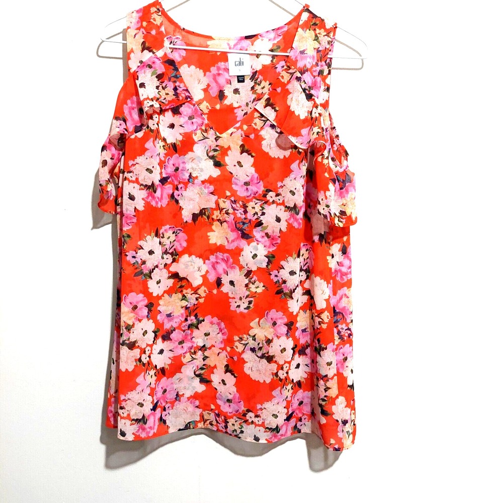 Cabi Womens Small Sleeveless Blouse Semi Sheer Lined Floral Ruffle V Neck